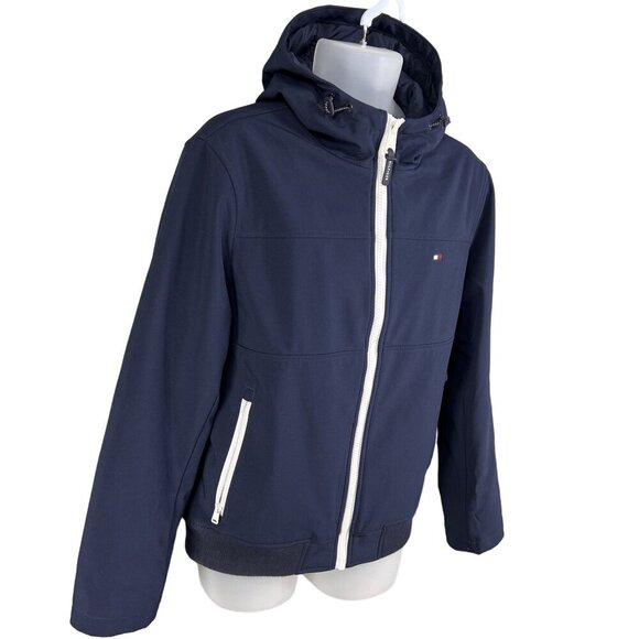 Tommy Hilfiger Mens M Womens L Navy Blue Zipper Hooded Jacket Logo Lined Preppy - Picture 7 of 16